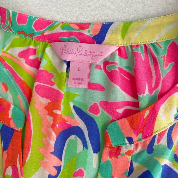 Lilly Pulitzer CASA BANANA Pink Yellow Stacey 100% Silk Blouse Top Floral Large - Picture 10 of 17